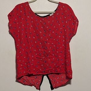 Splendid Red Floral Print Rayon Back Button Flowy Top Blouse Shirt - Large